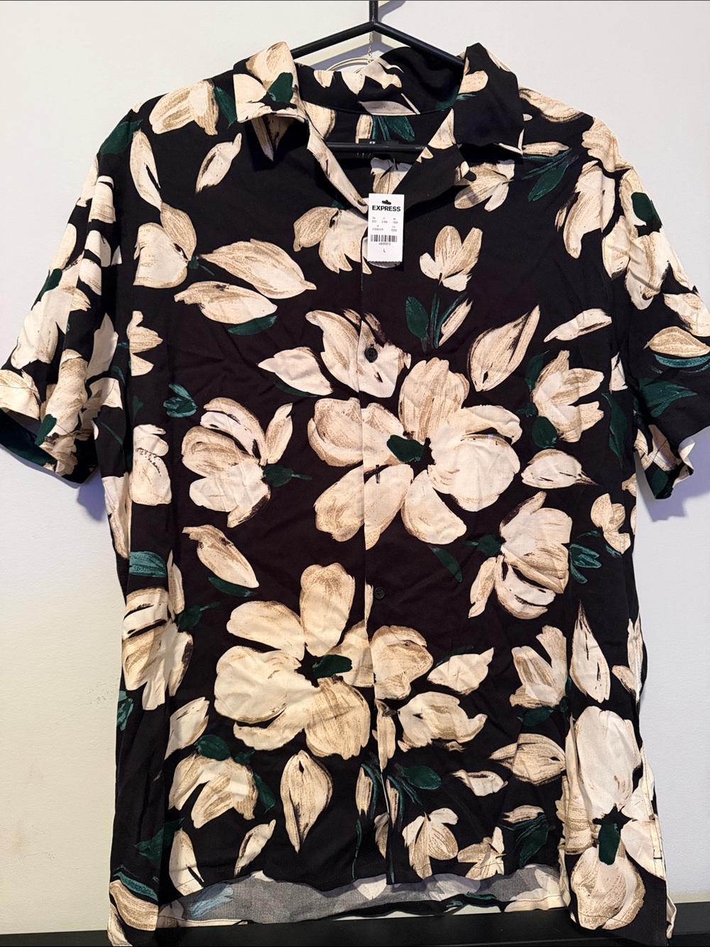 Express Black Short-Sleeve Button-Up Shirt with Cream Floral Print